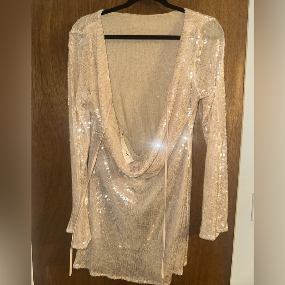 Rare London shiny sequin cowl back mini dress in champagne US Size 10